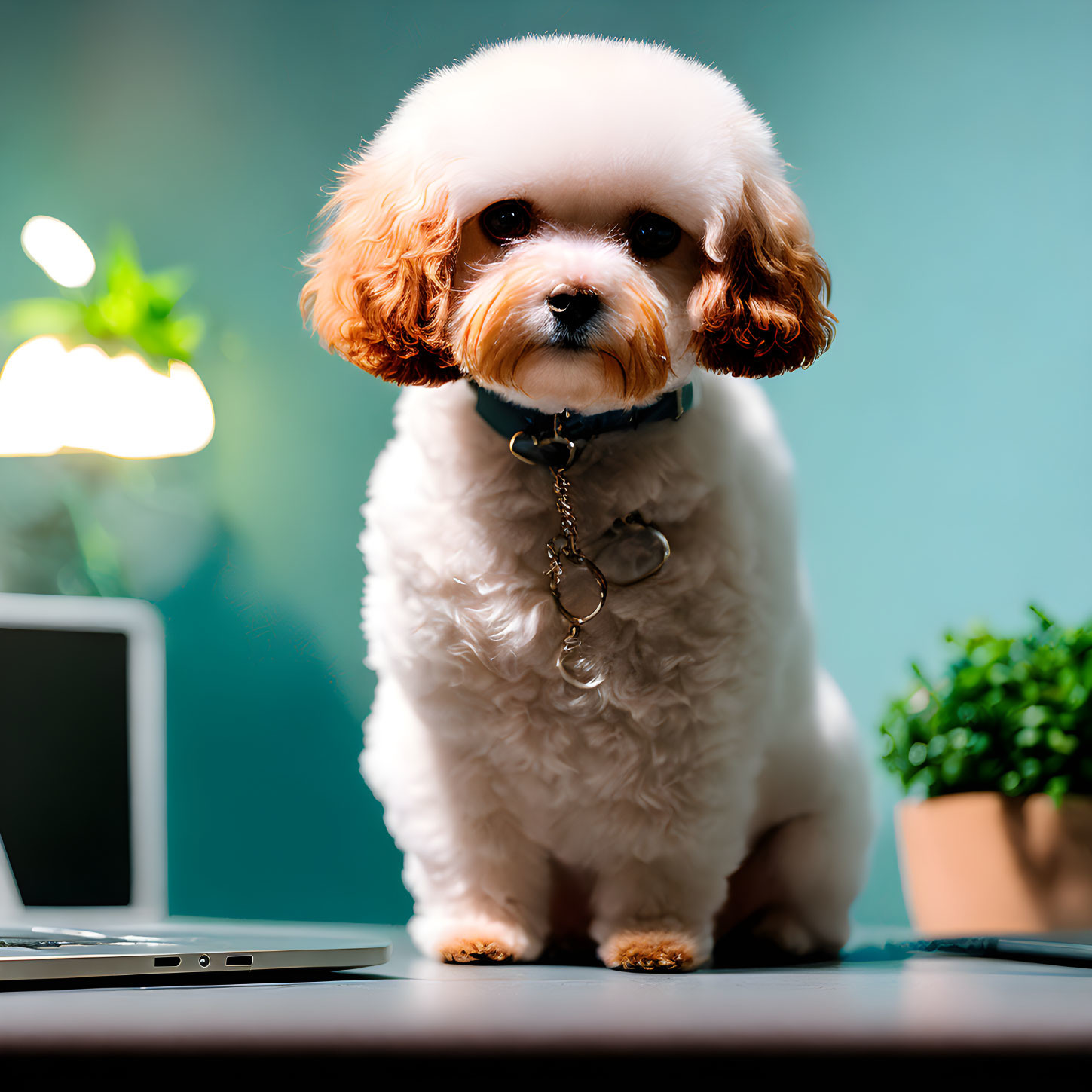 White and Tan Dog with Collar and Pendant Sitting Near Laptop and Plant