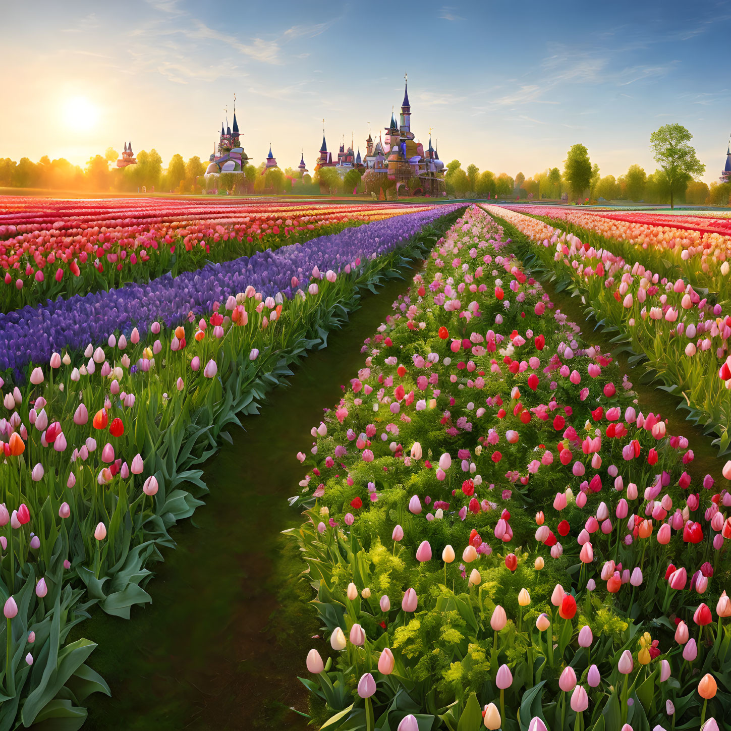 Scenic sunset over vibrant tulip fields and fairytale castle