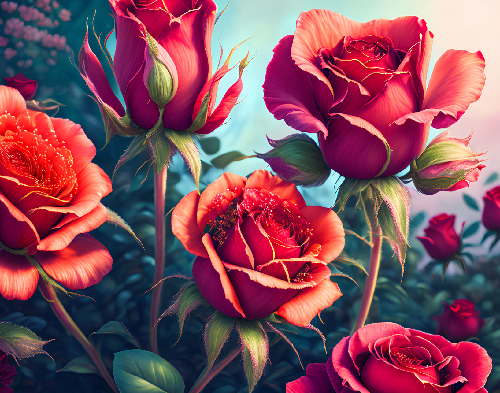 Vivid red roses at different bloom stages on teal background