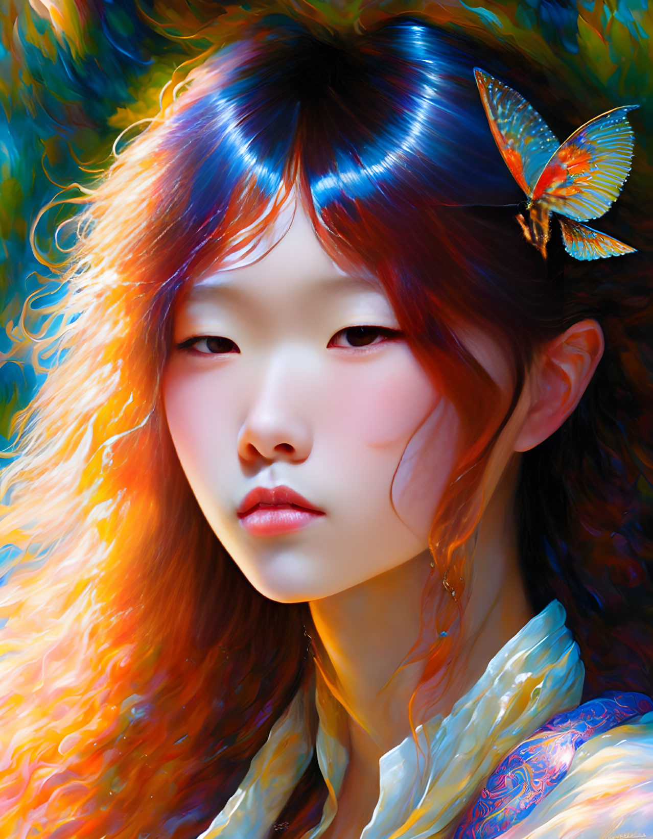 Colorful East Asian girl with butterfly in vibrant digital portrait