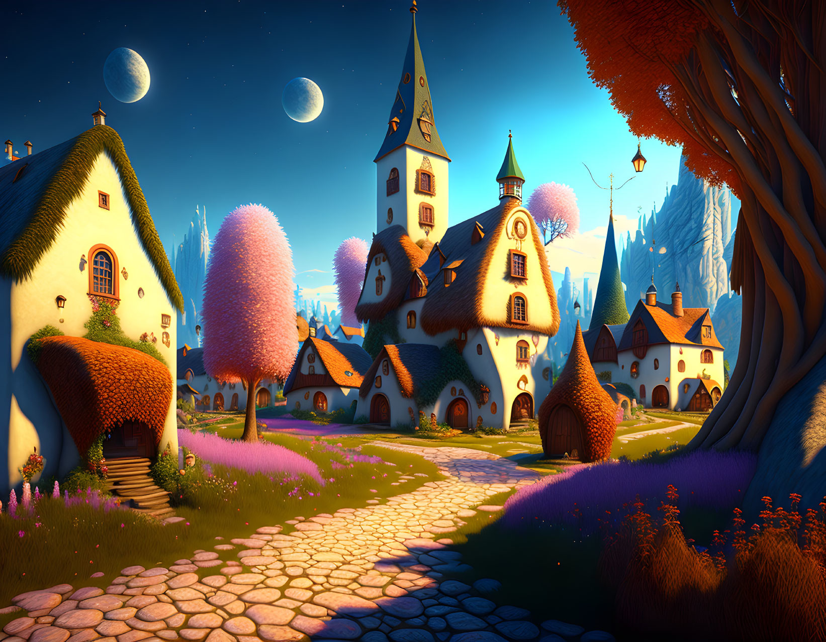 Whimsical village scene with storybook cottages, church spire, cobblestone path,