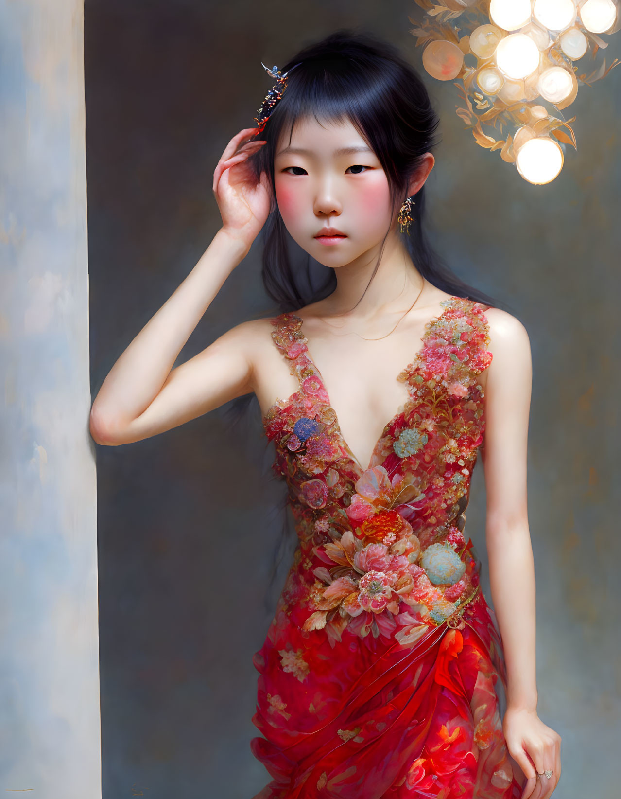 Woman in Red Floral Dress with Delicate Jewelry in Soft Lighting