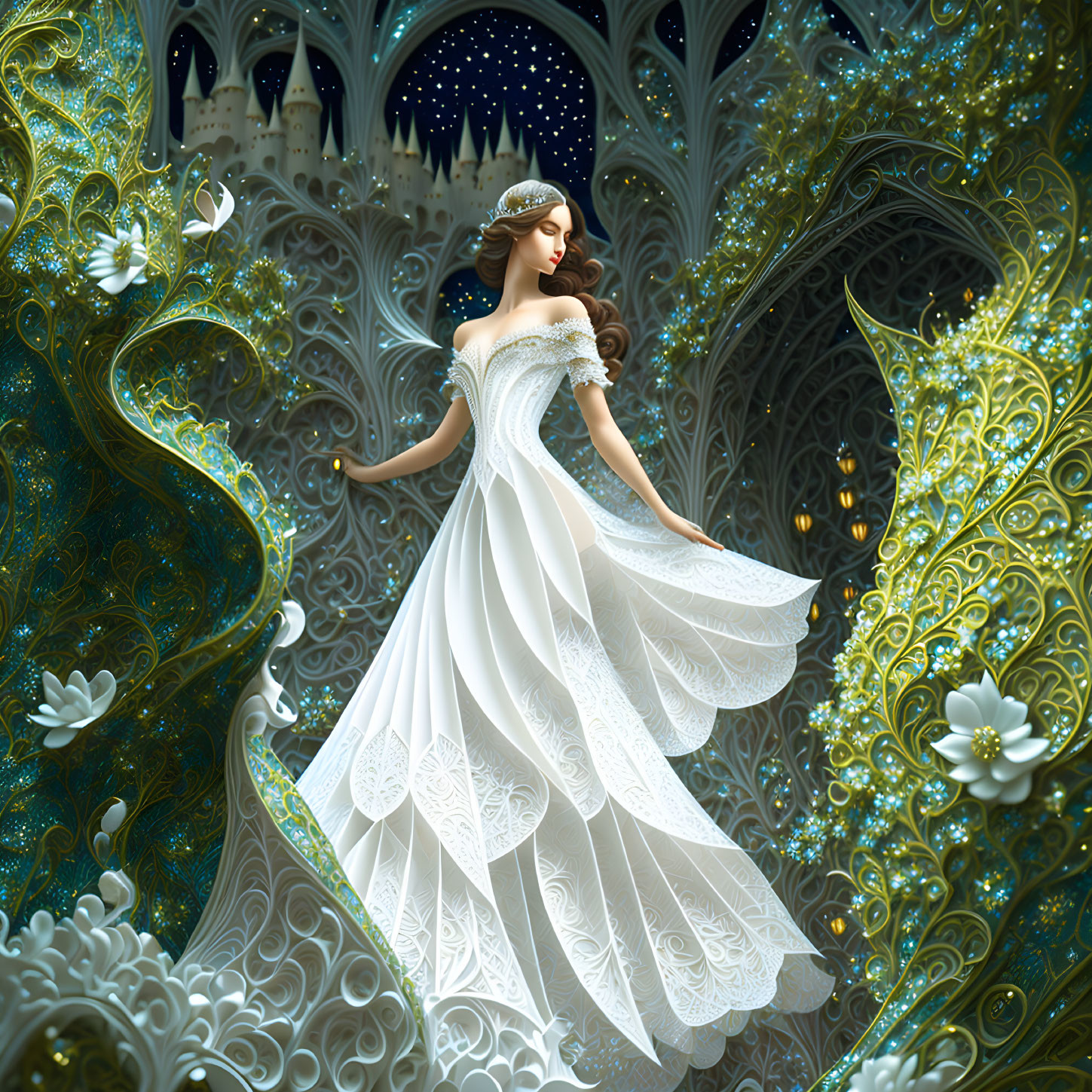 Woman in white dress with intricate patterns in ornate setting