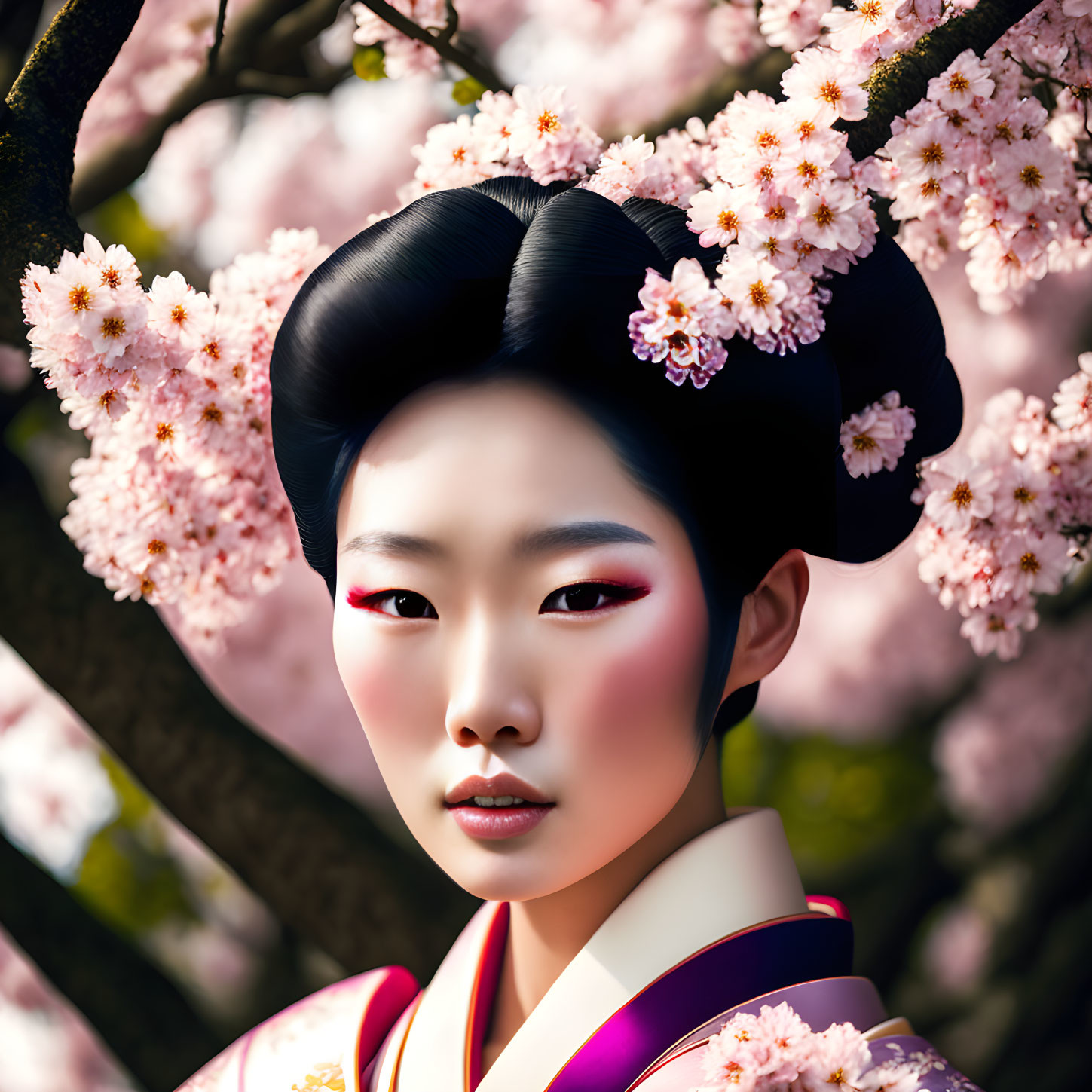 Digital art portrait of woman in East Asian attire with cherry blossoms background