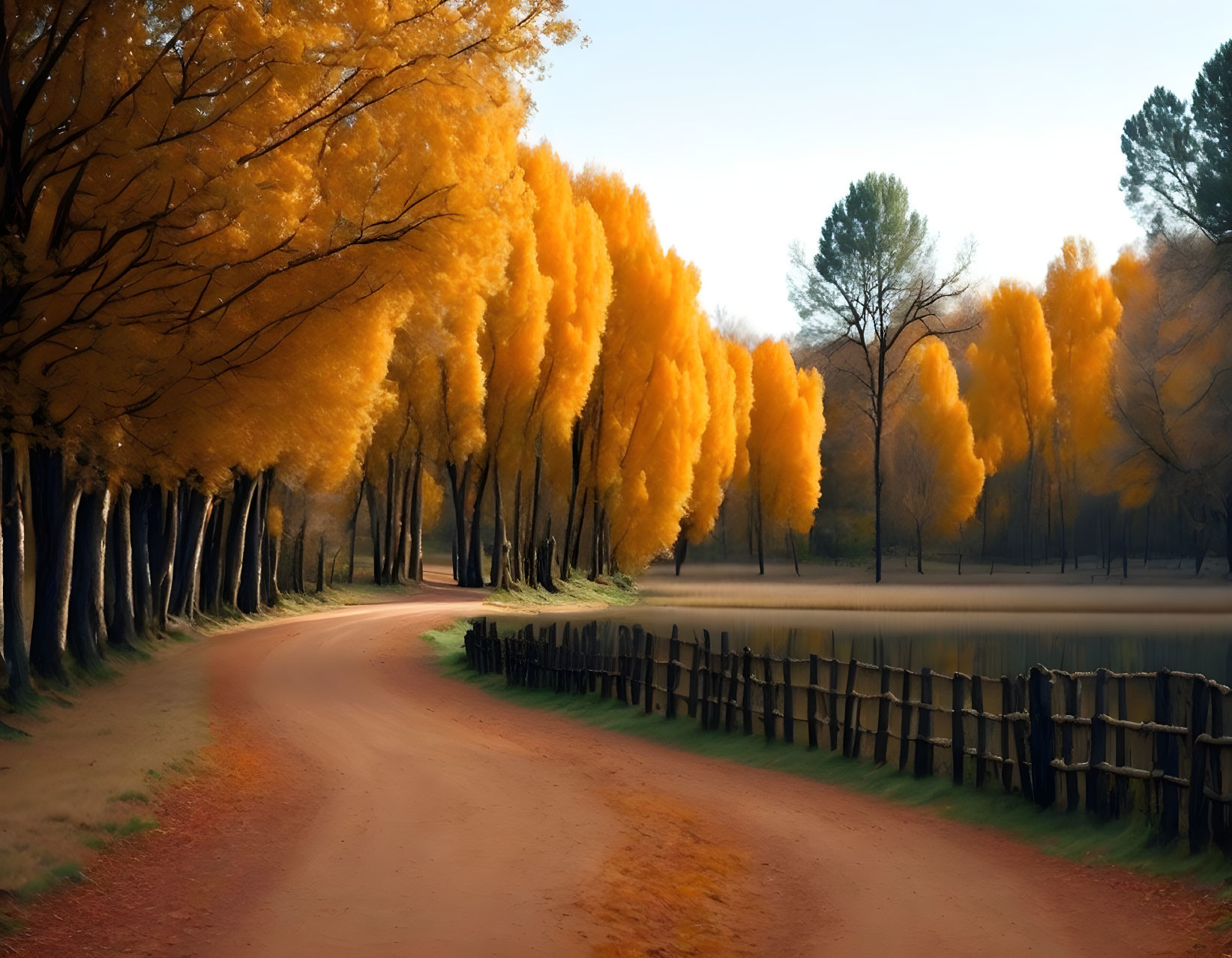 Tranquil park scene: Curving dirt road, golden-orange trees, wooden fence, hazy