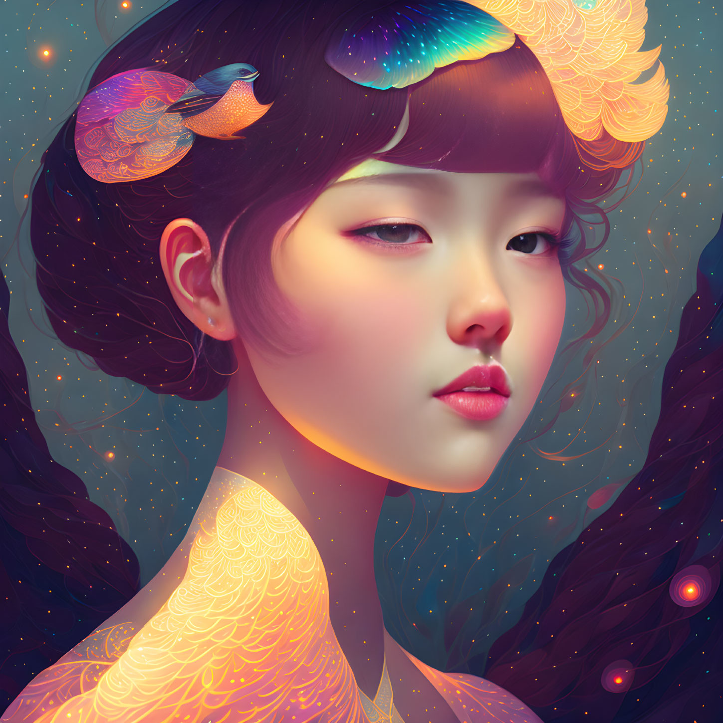 Vibrant digital portrait of woman with multicolored feathers and cosmic background