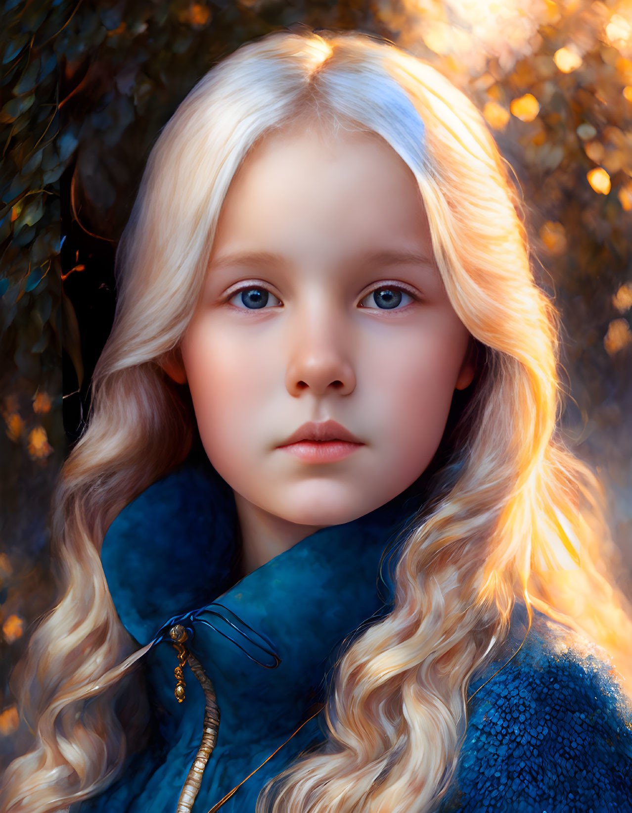 Blonde Child in Blue Coat with Blue Eyes in Autumn Scene