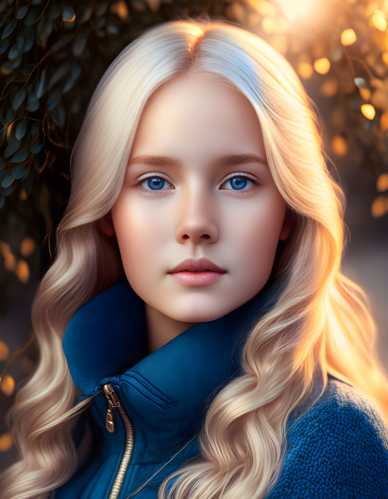 Blonde Curly-Haired Girl in Blue Jacket with Blue Eyes