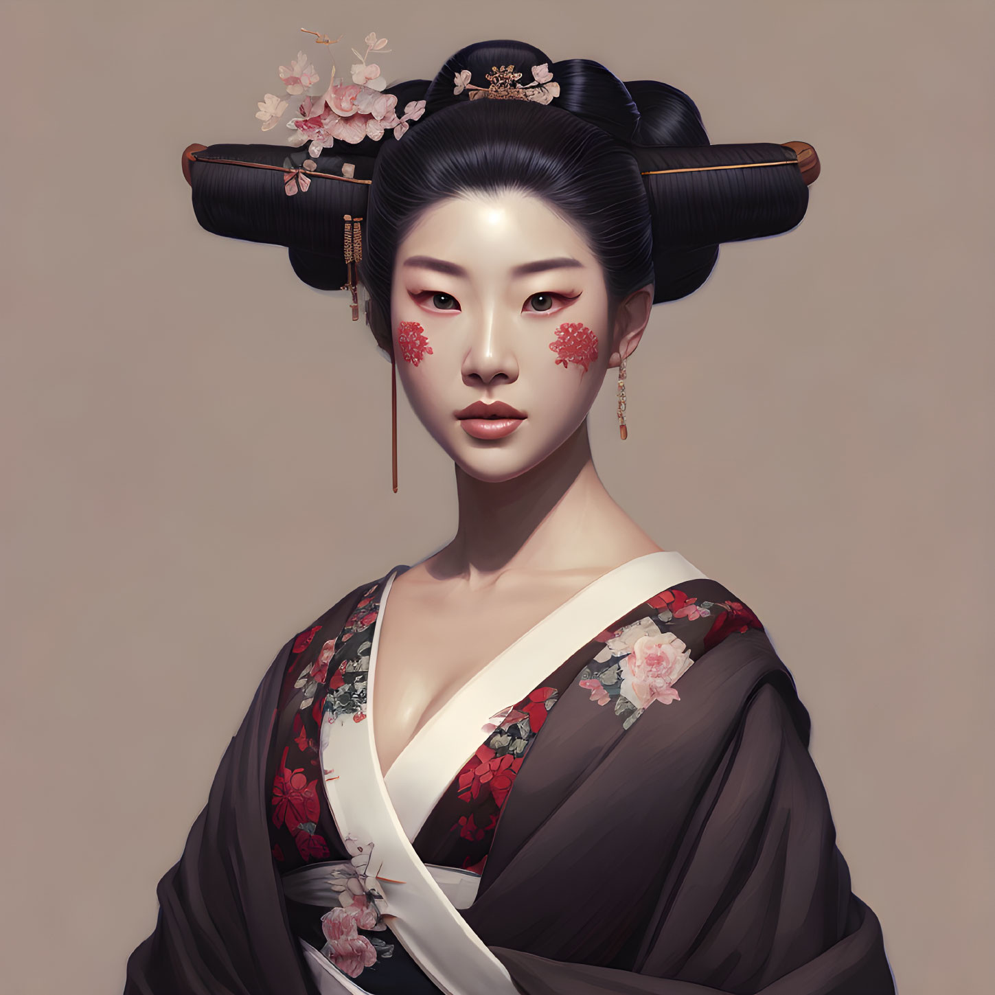 Illustrated portrait of woman with elaborate traditional hairstyle and kimono.