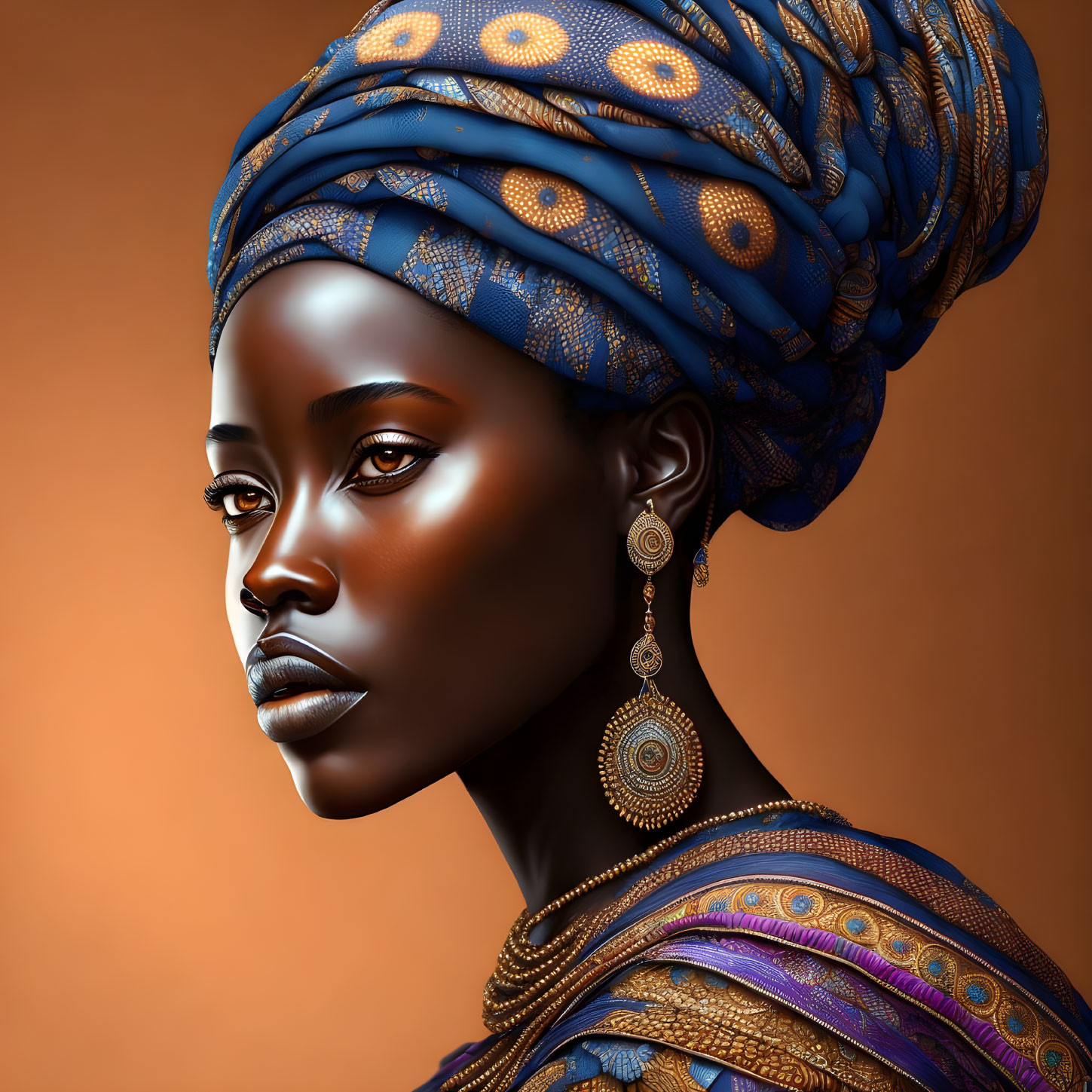 Digital Art Portrait of Woman with Dark Skin in Blue Headwrap