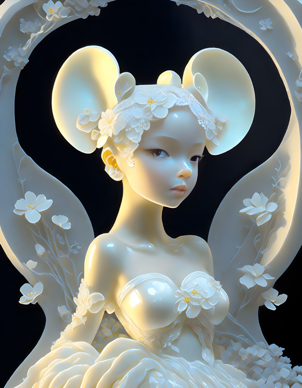 Porcelain-like figure with mouse ears and floral motifs in 3D illustration