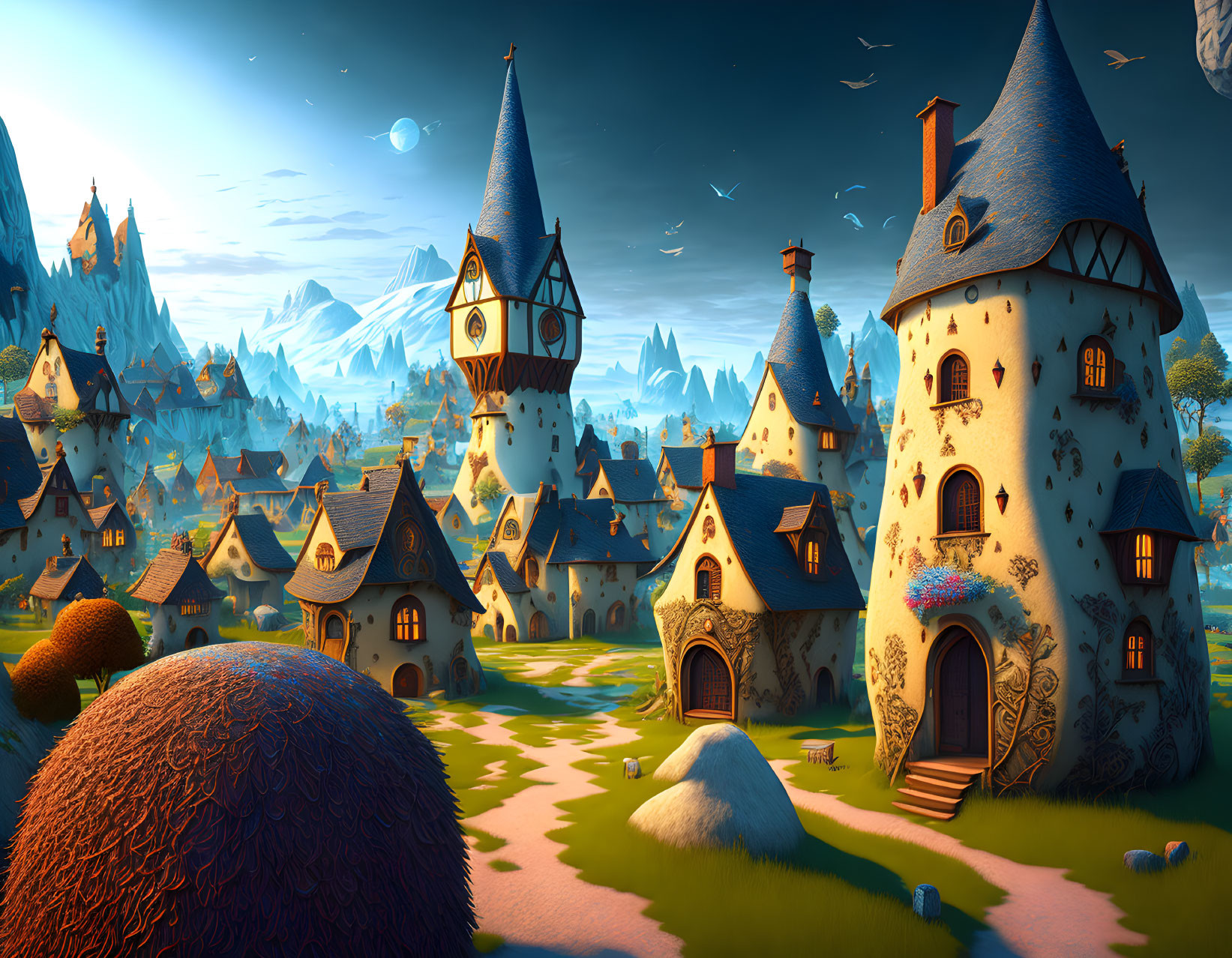 Whimsical village with fairytale cottages and castle-like structures