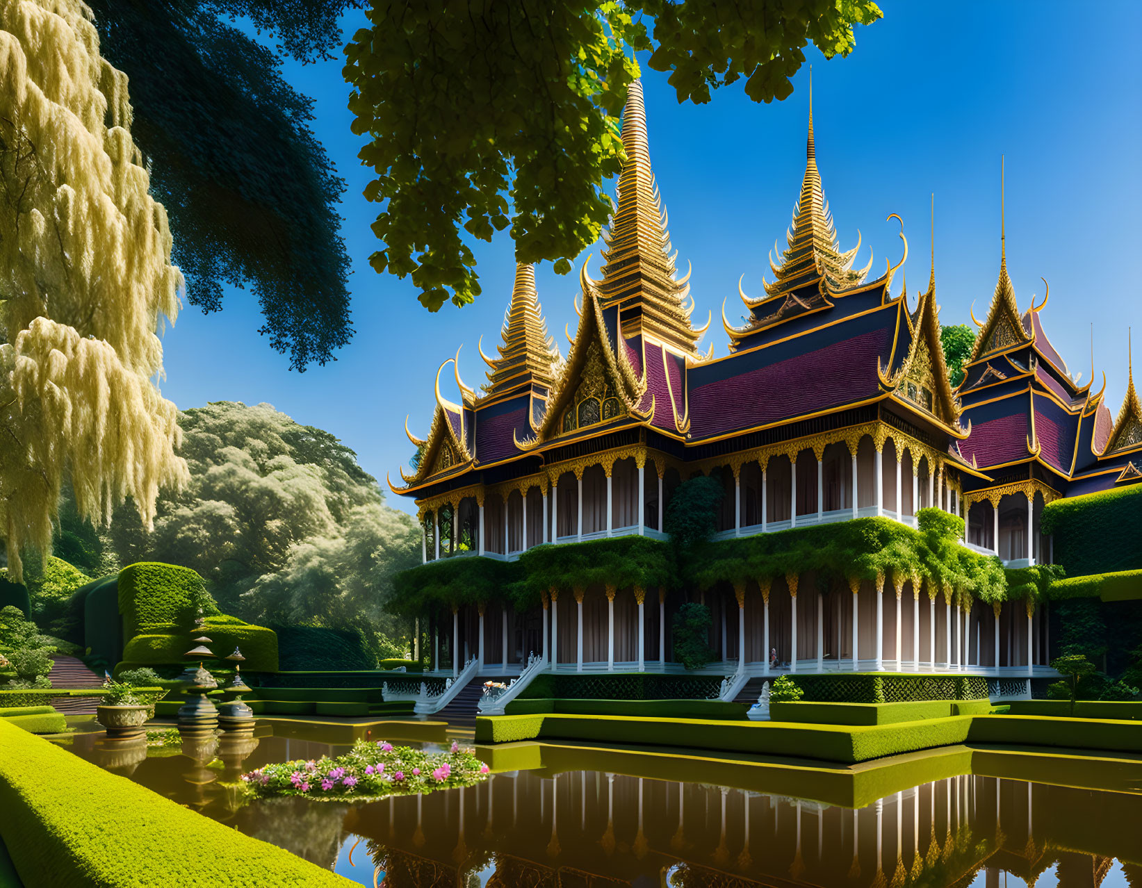 Tiered Roofs and Ornate Details in Traditional Thai Architecture Amidst Lush Gardens