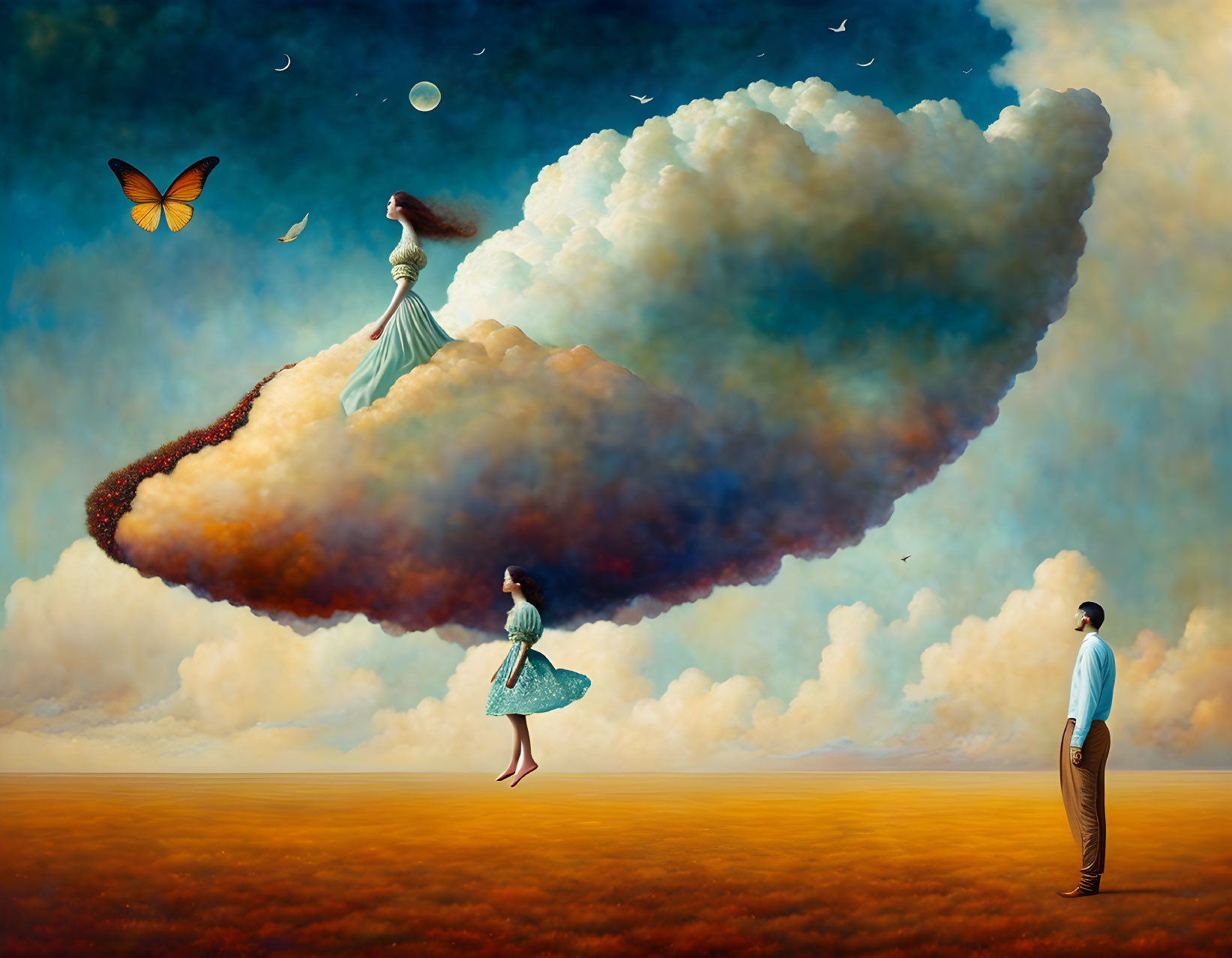 Surreal scene with floating people, clouds, birds, and butterfly