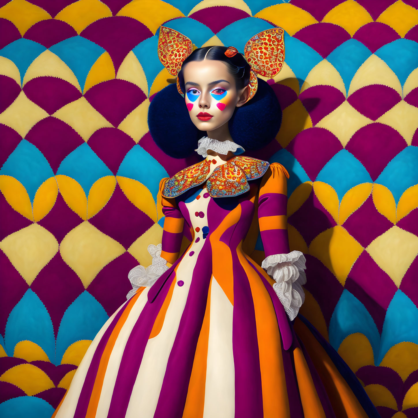 Colorful Vintage Clown Costume Against Vibrant Harlequin Backdrop