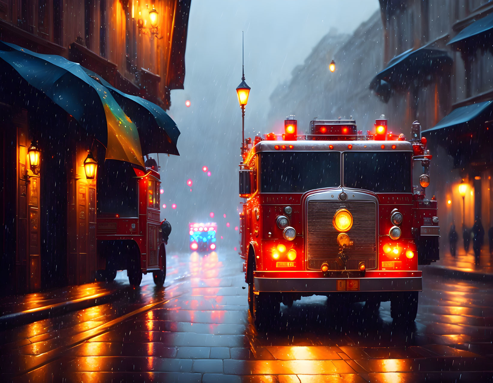 Snowy Night Scene: Red Fire Trucks on Wet Street with Glowing Lights