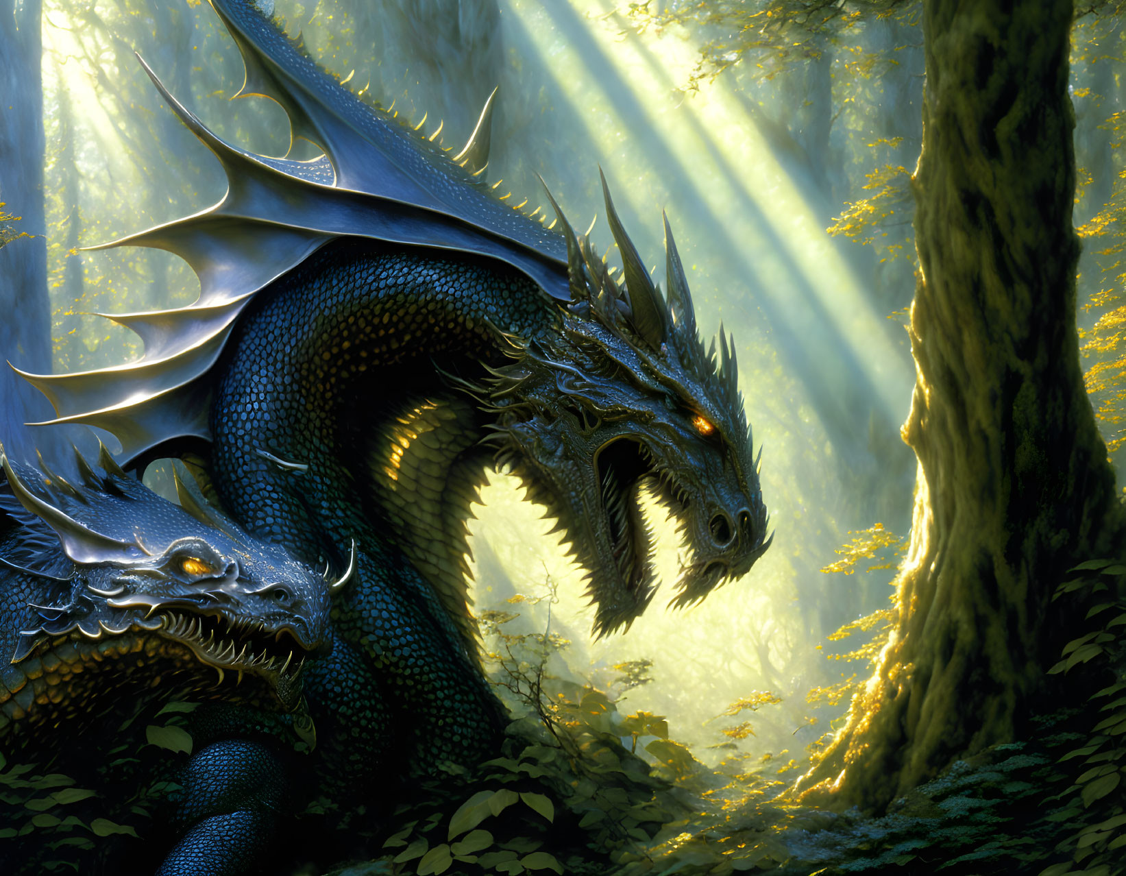 Blue Dragon in Sunlit Forest Clearing with Filtered Sunlight