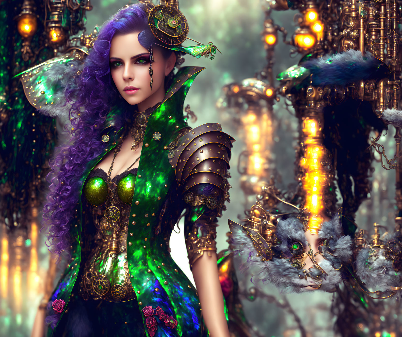 Digital artwork: Woman with purple hair in green steampunk attire with mechanical cat in foggy,