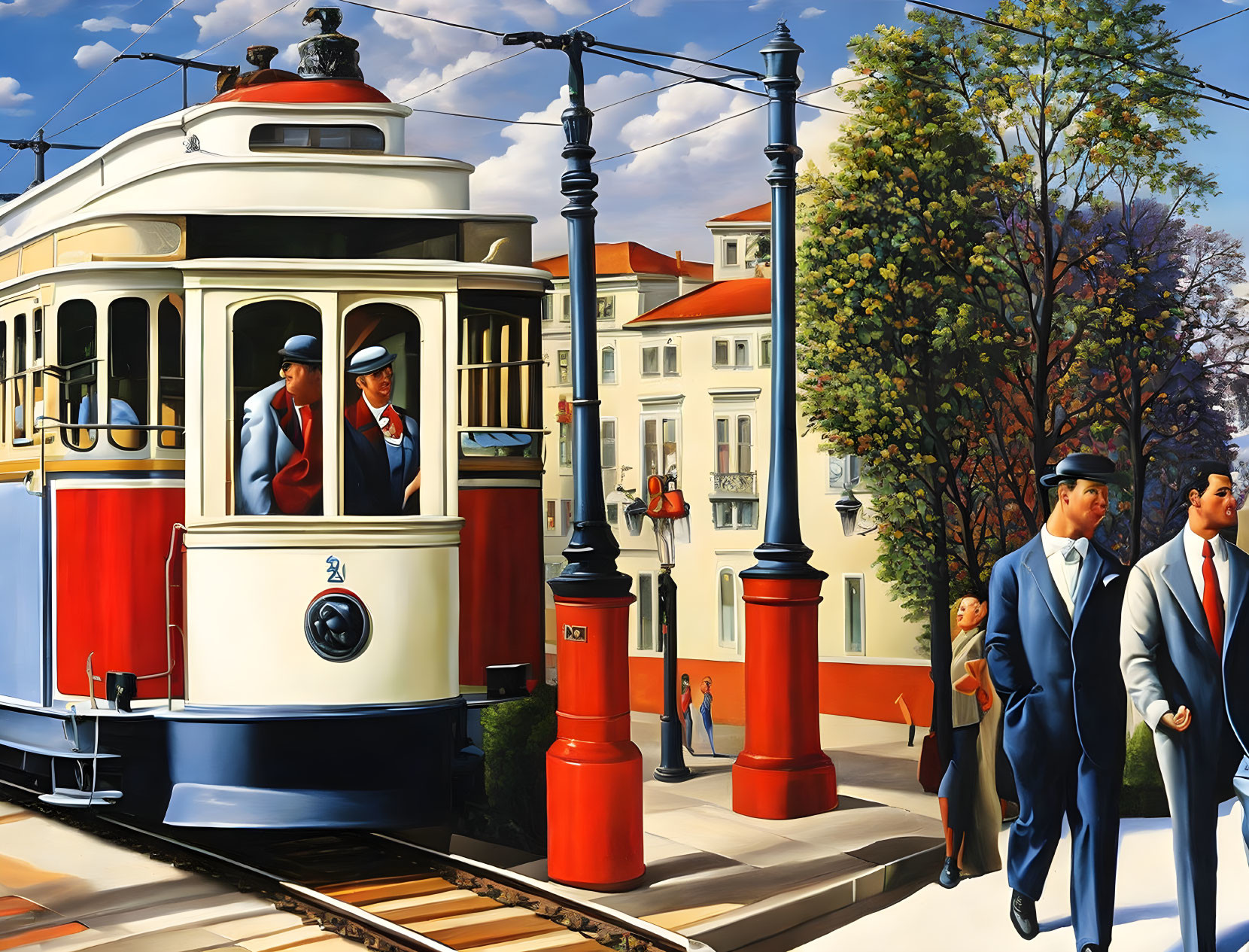 Vintage tram with driver and men in suits on sunny street with classical architecture.