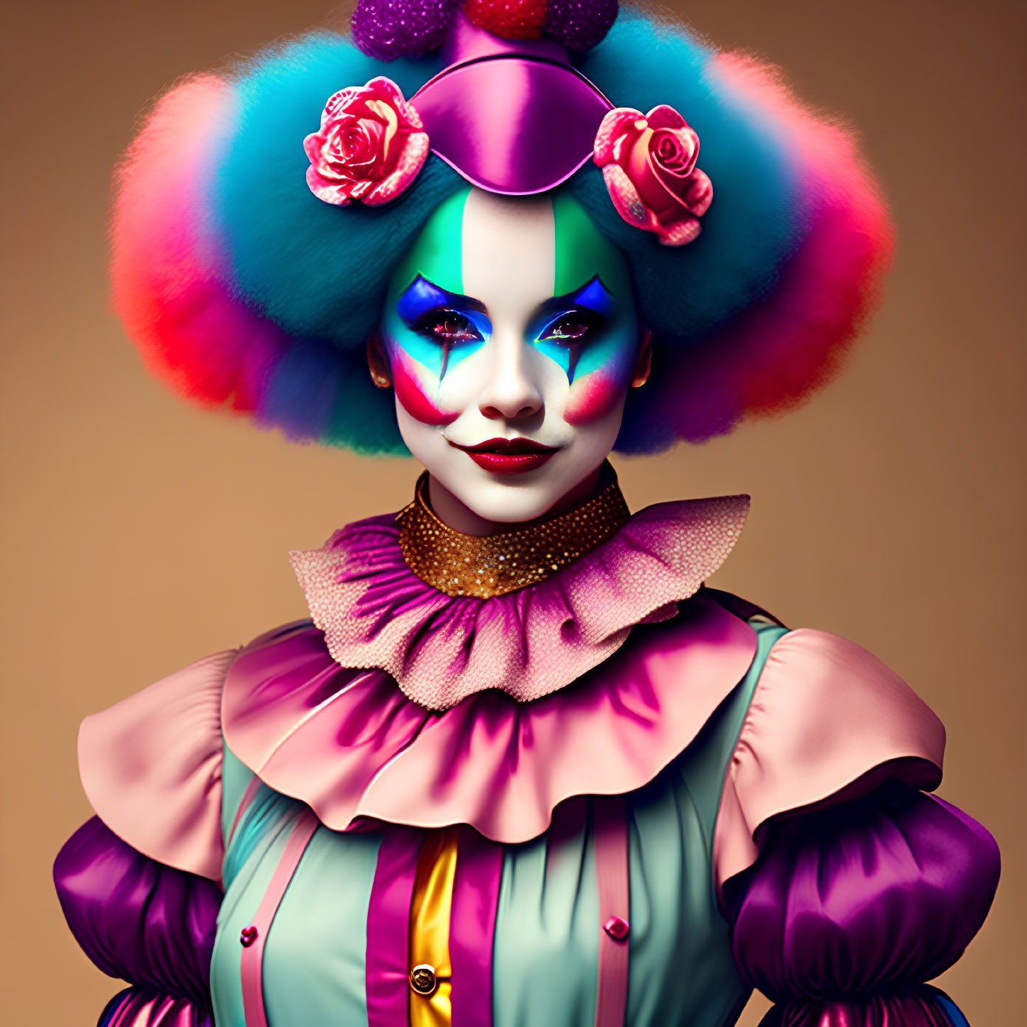 Vibrant blue eye makeup on colorful clown with rainbow hair and roses on taupe background