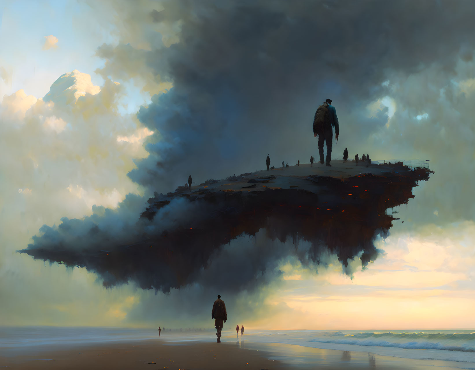 Surreal painting: person on beach with floating rock island