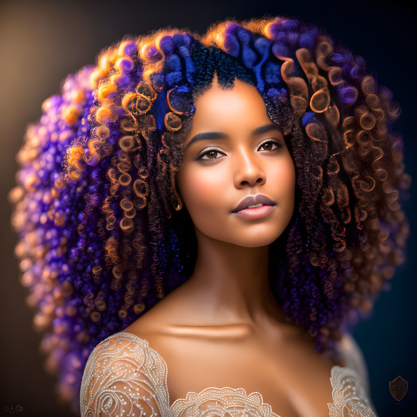 Vibrant curly hair portrait in blue and orange tones with lace dress