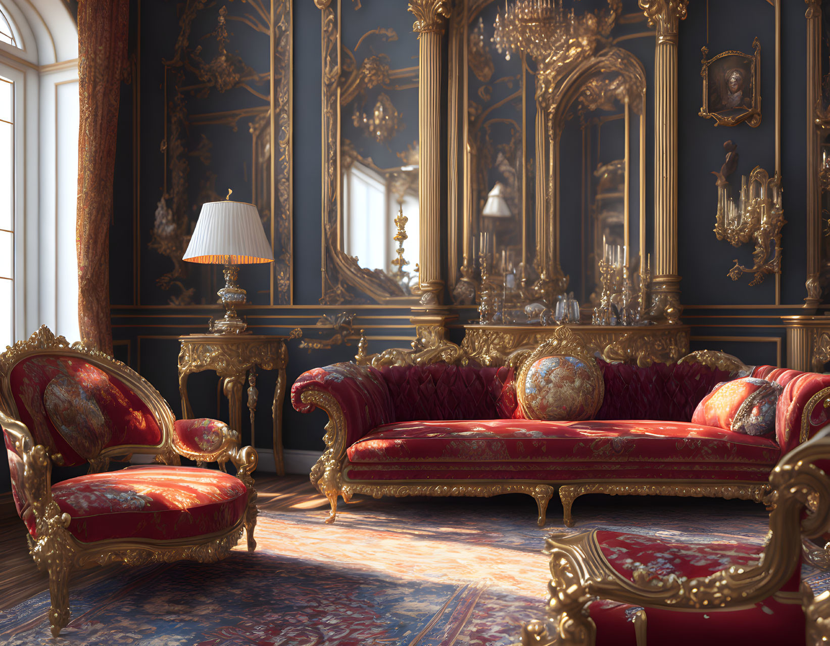 Luxurious Baroque-inspired room with red velvet furniture and ornate decor