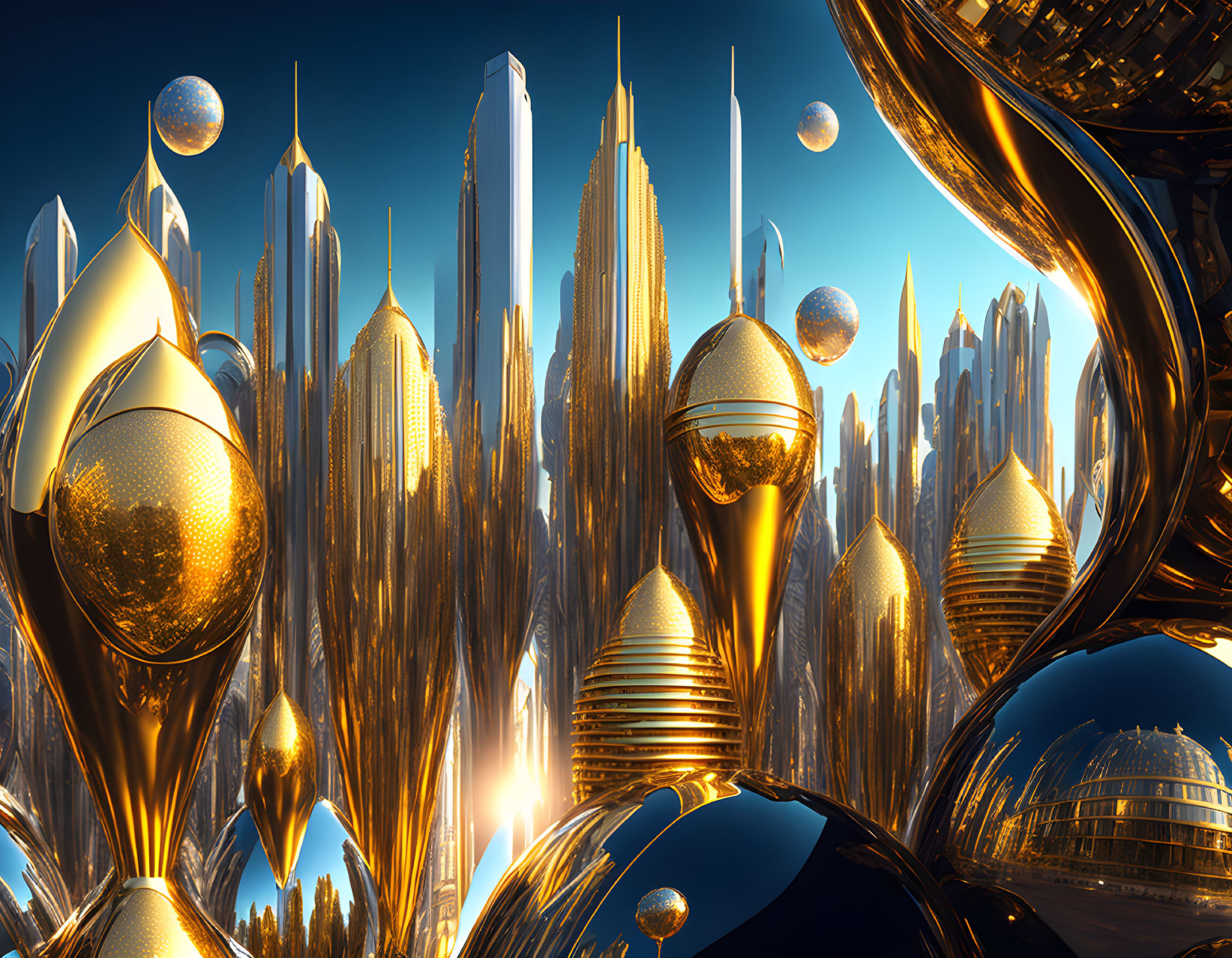 Golden skyscrapers and spherical structures in futuristic cityscape.