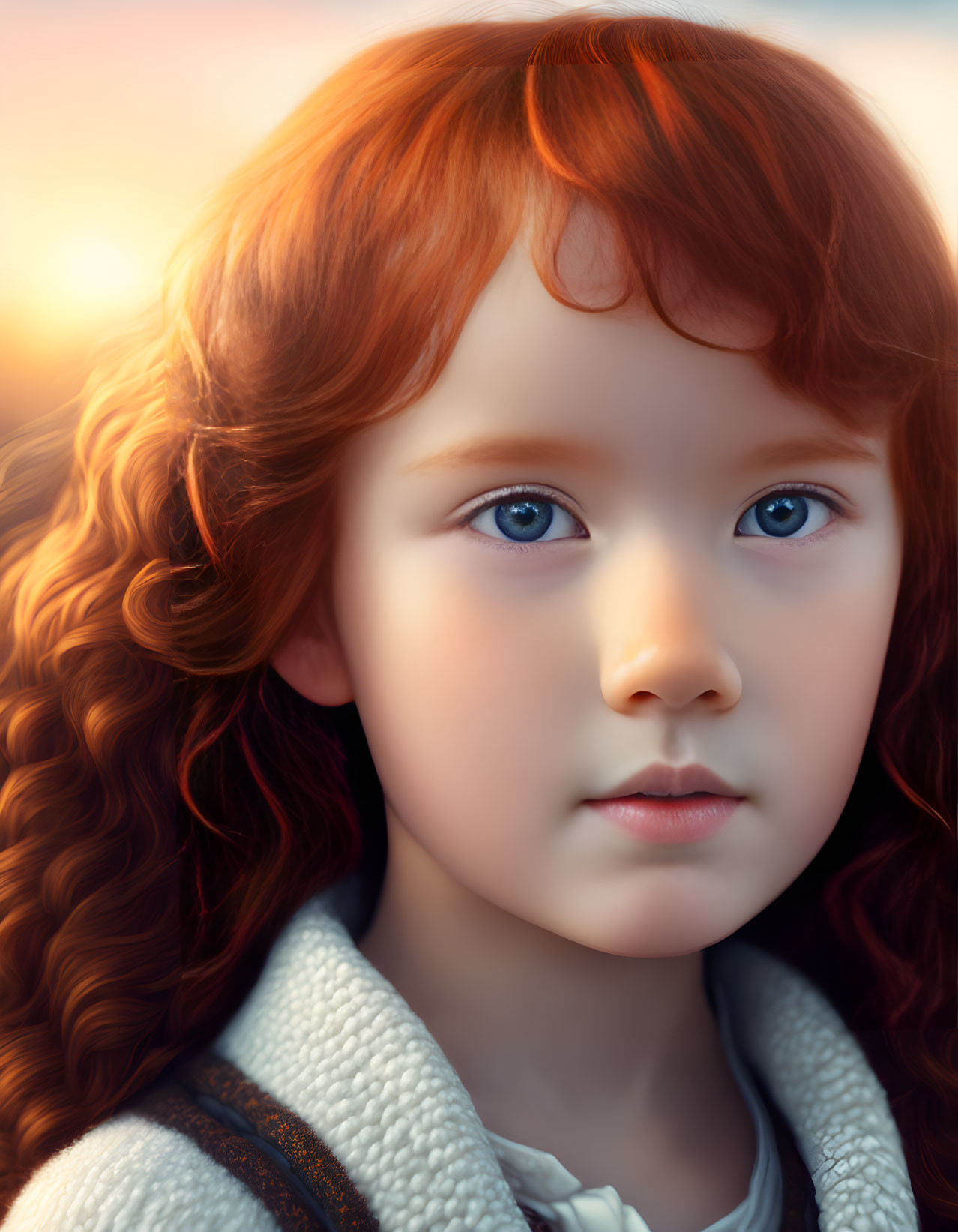 Young girl with red curly hair and blue eyes in cream outfit against sunset backdrop