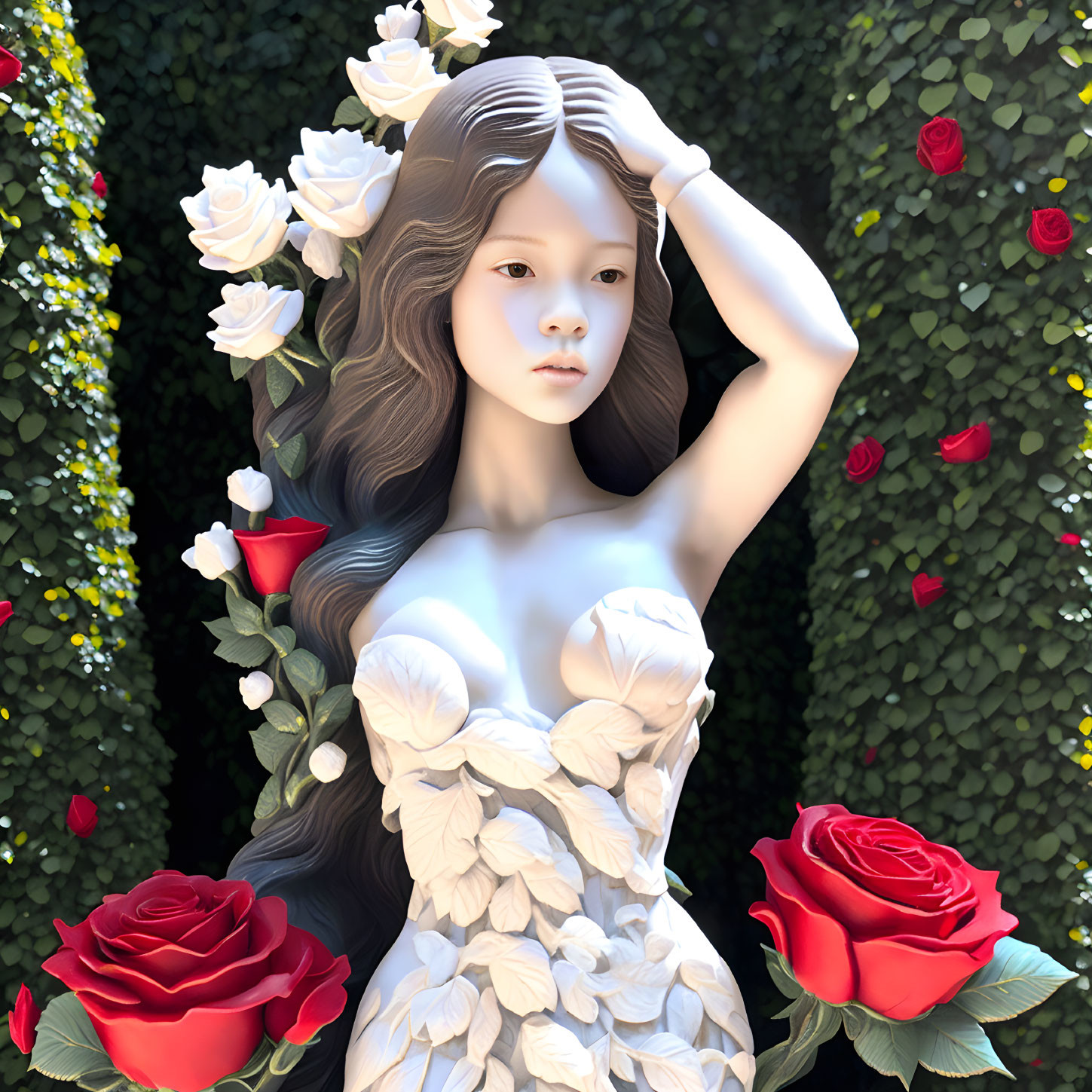 Marble-esque woman statue with long wavy hair, greenery, red roses