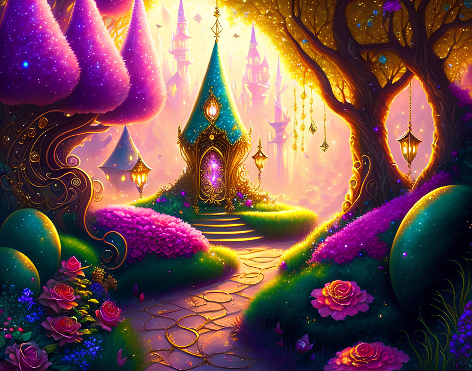 Fantasy landscape with gem-studded pathway & luminous castle.