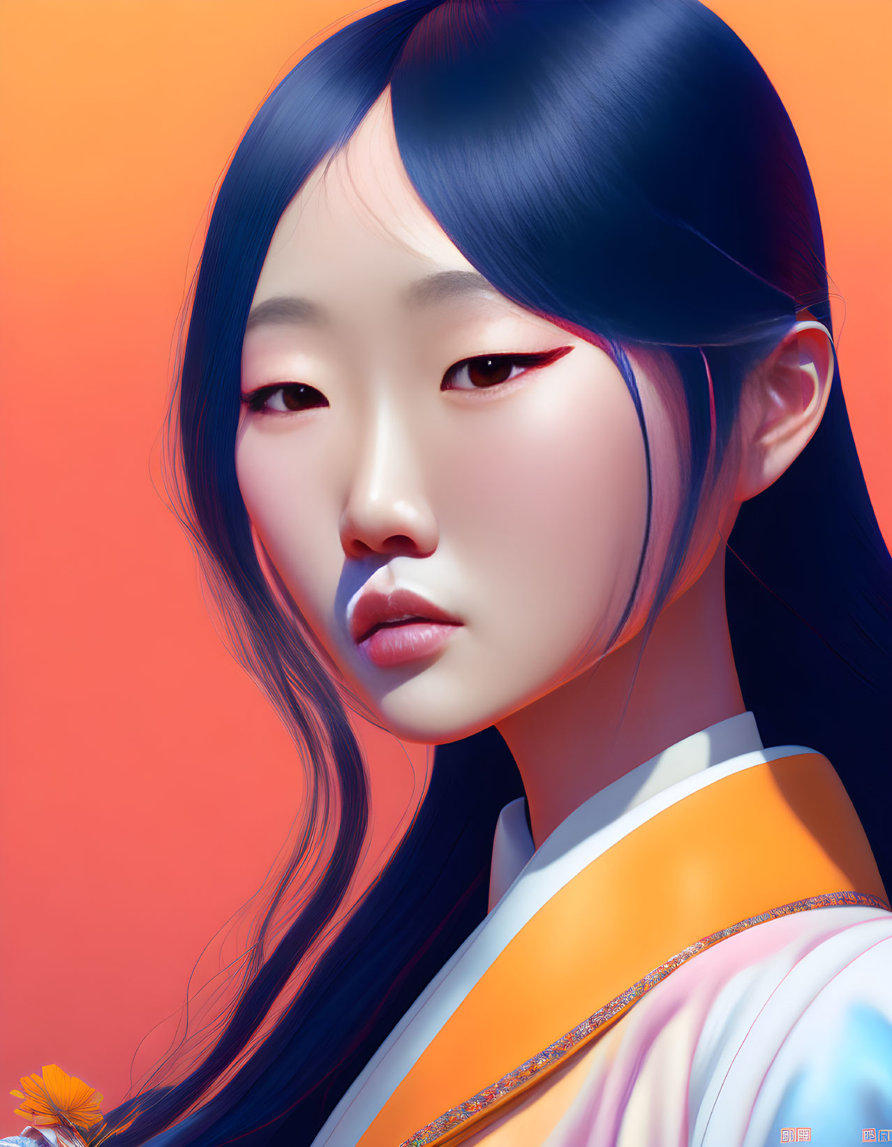 East Asian Woman in Traditional Attire on Orange Background