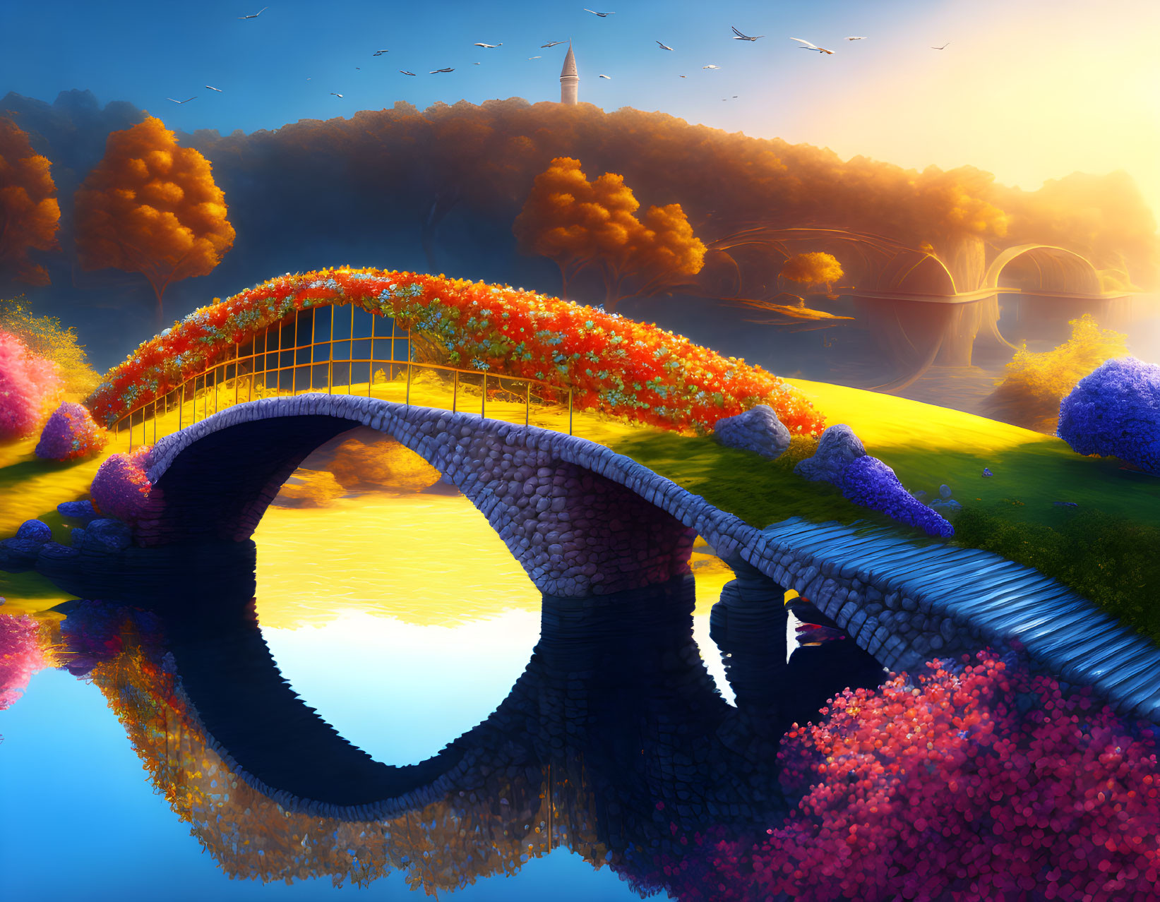 Stone bridge with flowers over calm river at sunset with autumn trees, blue bushes, birds, and tower