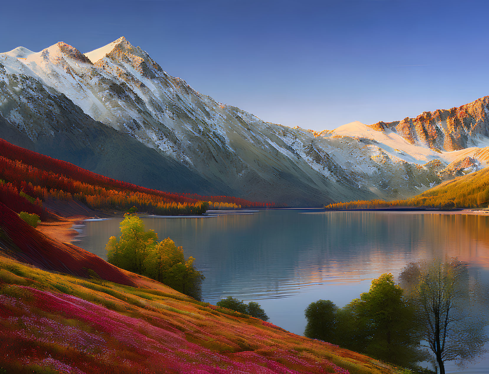 Scenic snow-capped mountain, lake, autumn forest, meadow with pink flowers