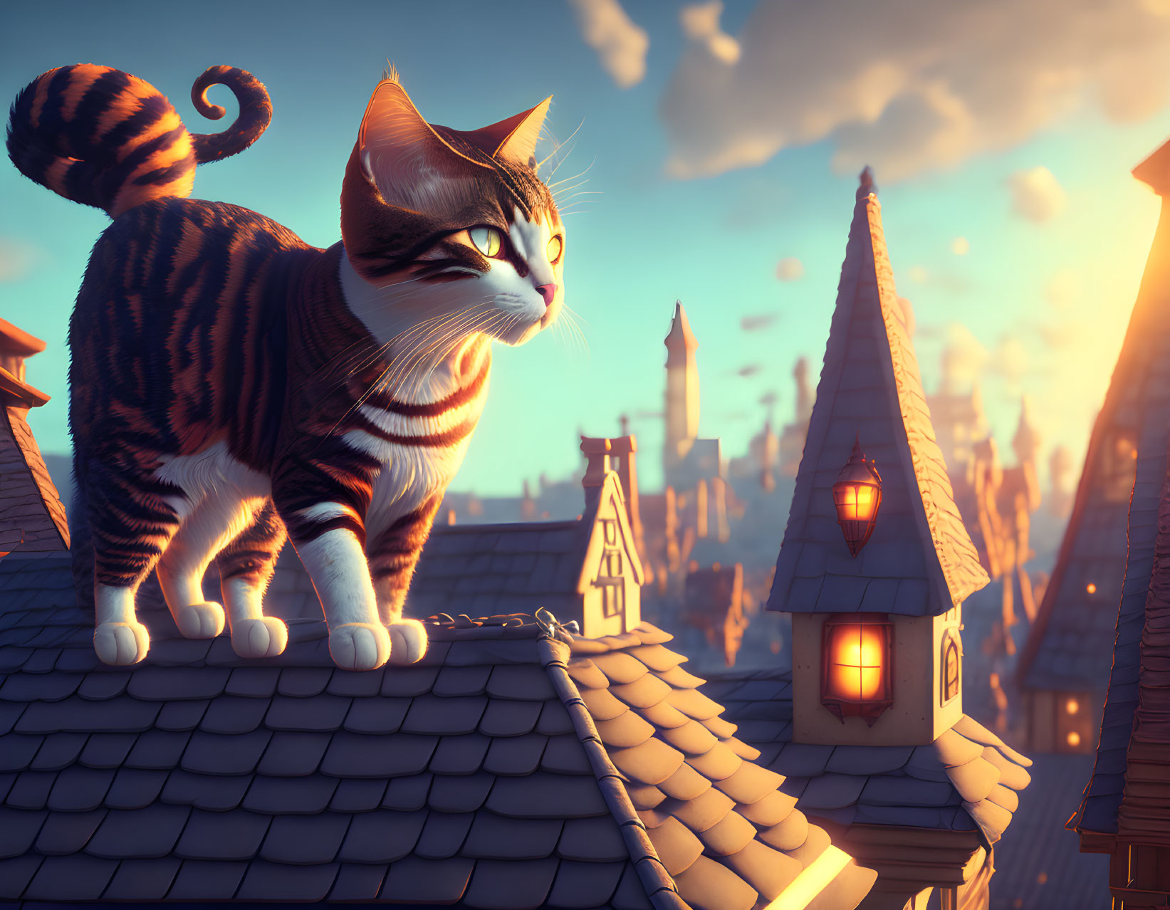 Tabby cat with stripes on tiled roof gazes at fantasy cityscape at sunset