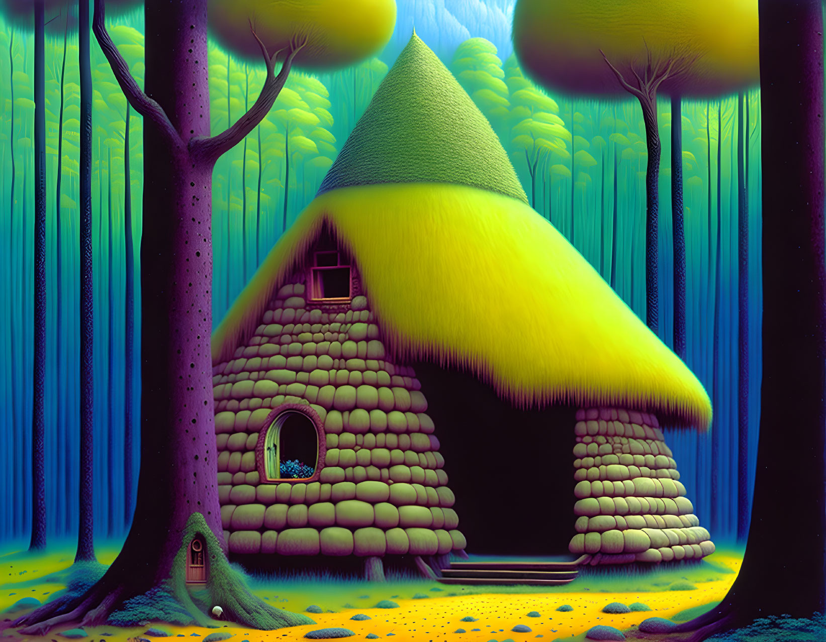 Colorful illustration of conical thatched-roof cottage in vibrant forest