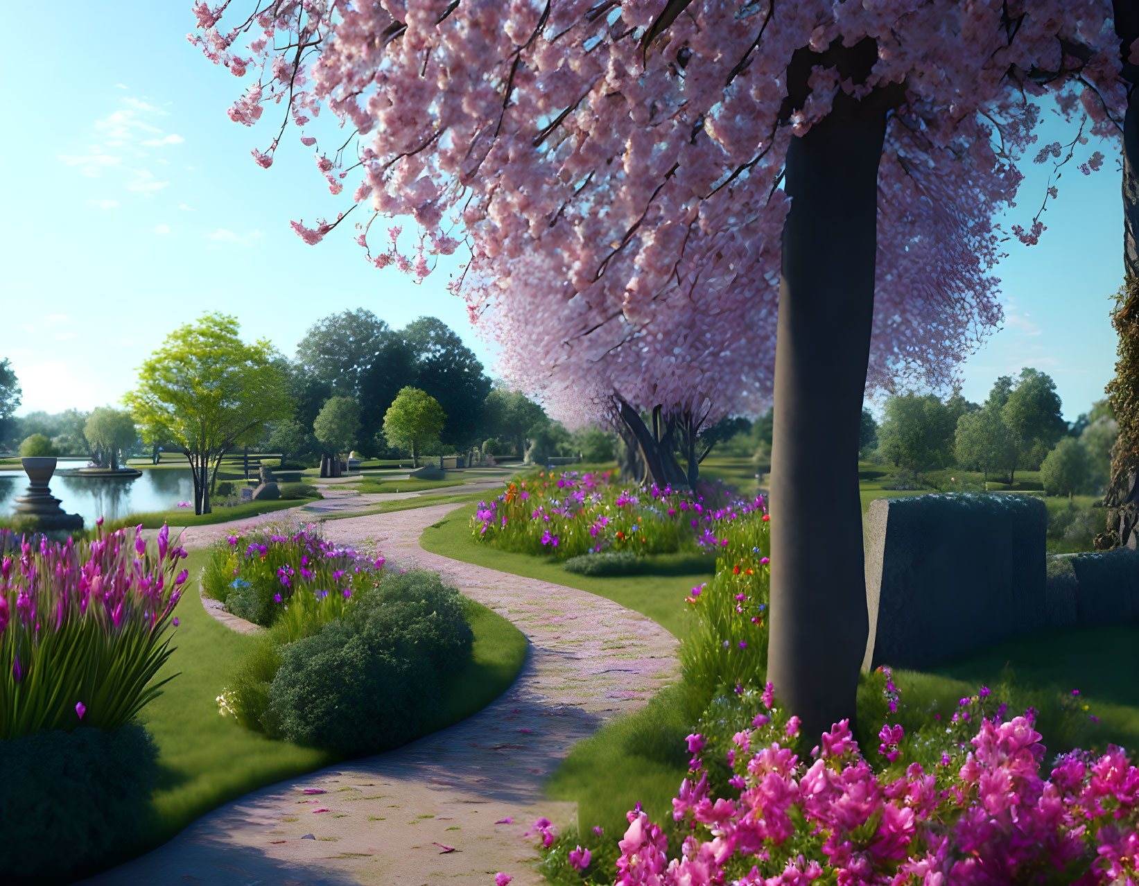 Tranquil park with cherry blossom tree, flower-lined paths, lake, and ornamental bridges