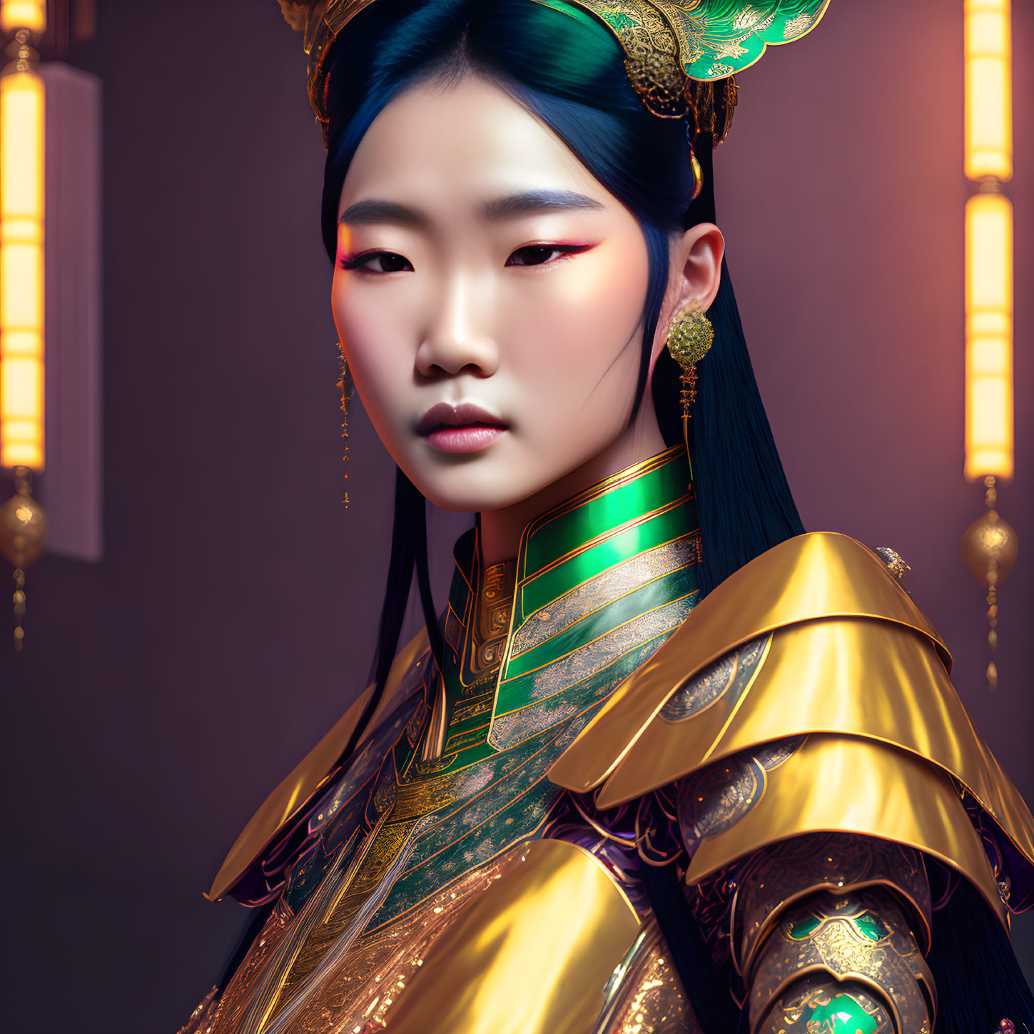 Digital artwork: Woman in ornate golden armor with traditional Asian motifs