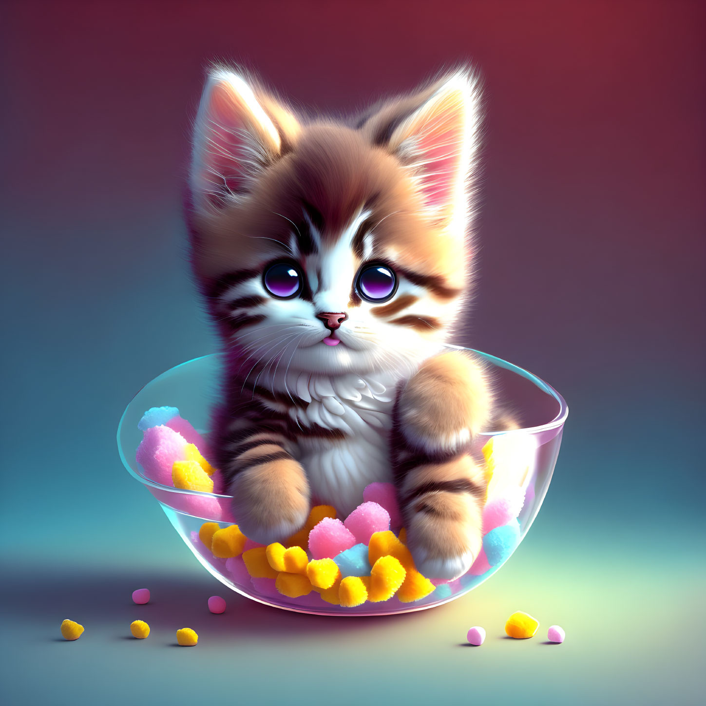 Animated Kitten in Clear Bowl with Blue Eyes and Candy on Gradient Background