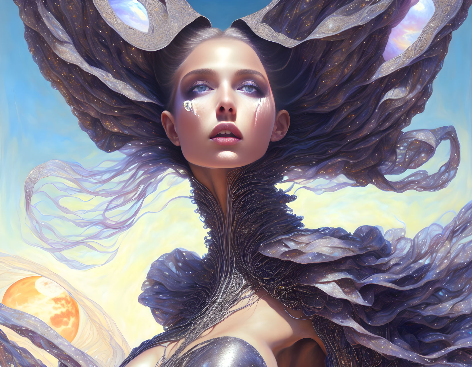 Surreal portrait of woman with ornate hair against celestial backdrop