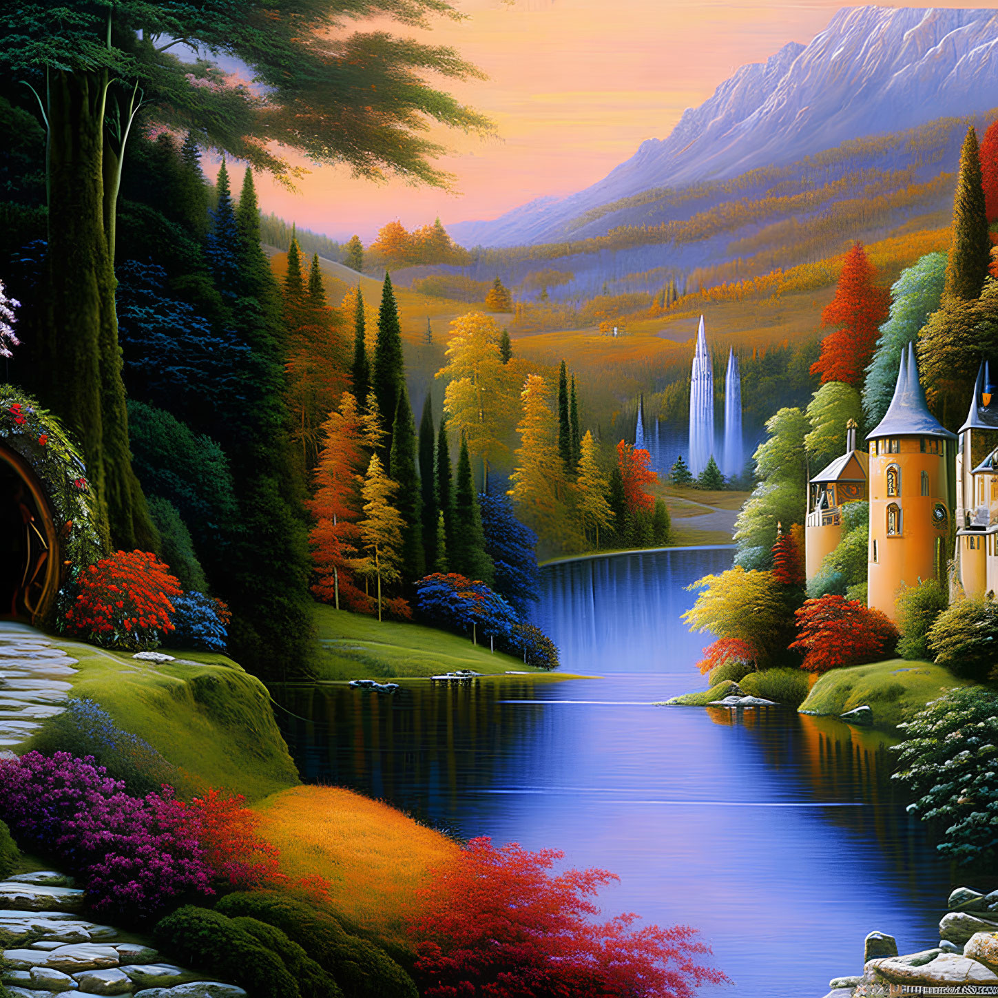 Colorful Castle Landscape Beside Lake & Forests