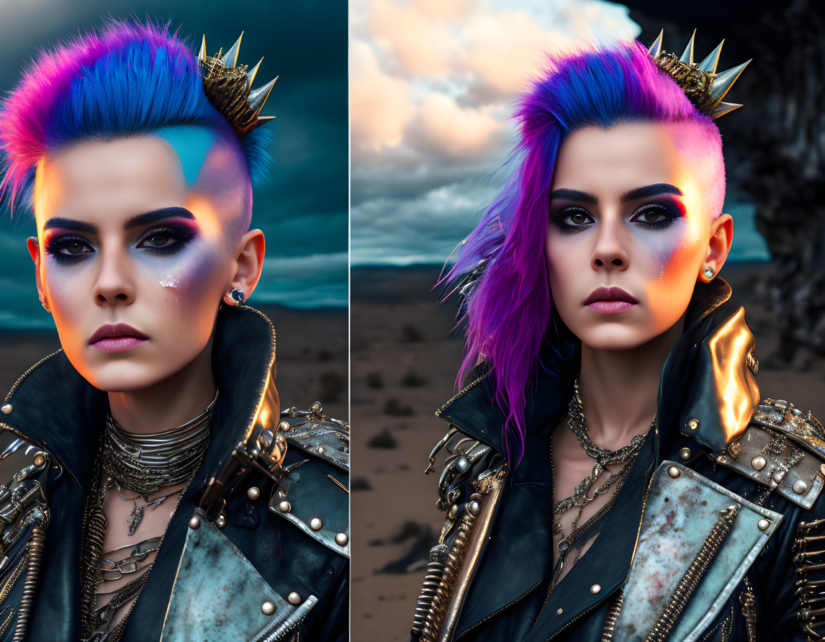 Vibrant blue and purple spiked hair person with spiked crown and leather jacket against dramatic sky