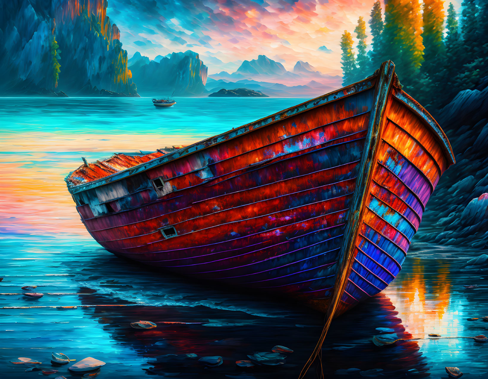 Colorful old wooden boat on serene lake at sunset with rocky landscape