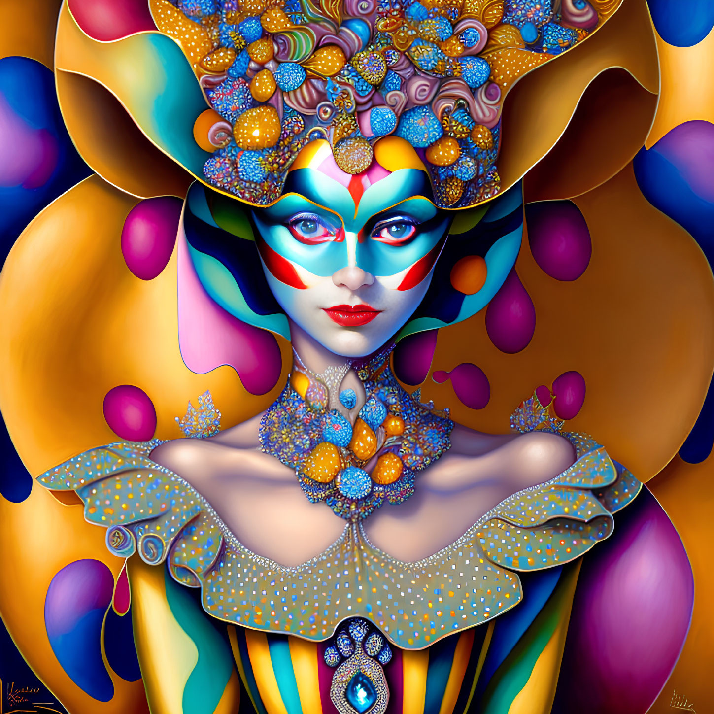 Vibrant surreal portrait of stylized woman with elaborate makeup and floral details