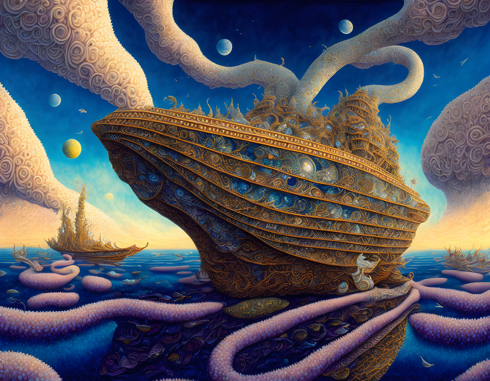 Fantastical ship with octopus-like tendrils sailing on surreal ocean under sky with orbs and sw