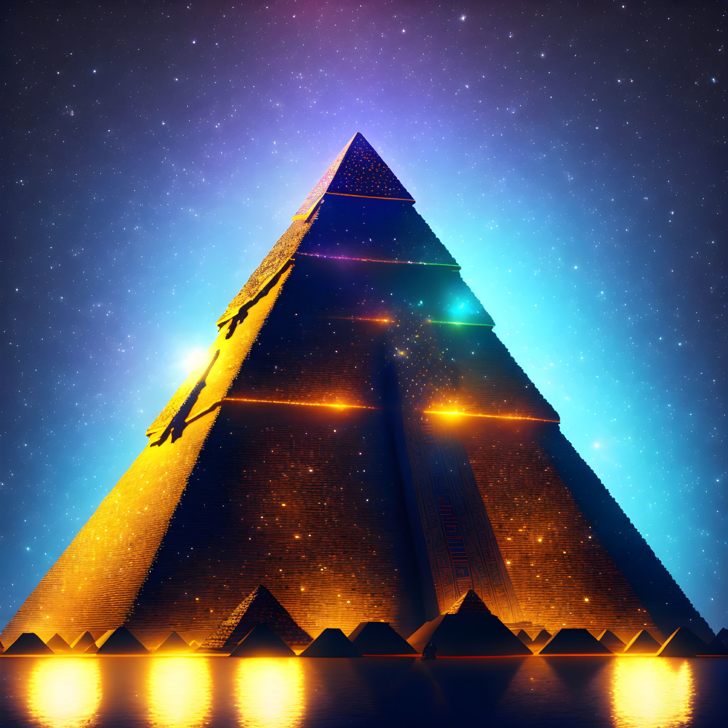 Luminous pyramid with hieroglyphics under starry night sky