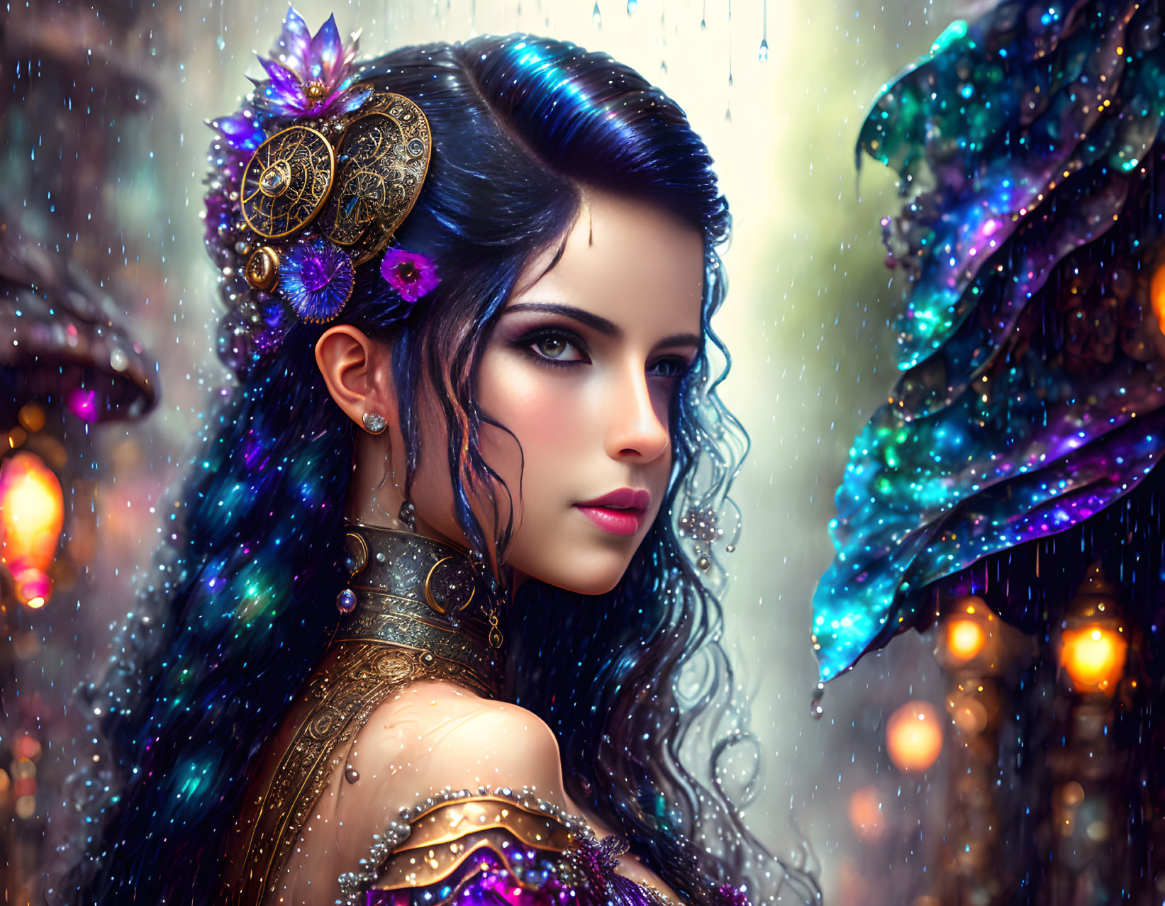 Digital artwork of woman with elaborate hair accessories and detailed armor against magical background.