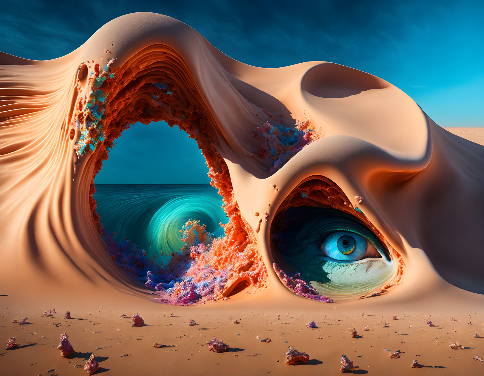 Vibrant surreal desert landscape with massive eye-shaped rock formation