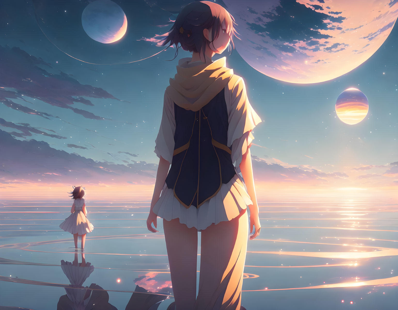 Anime-style girls on reflective surface with pastel sunset sky and celestial bodies