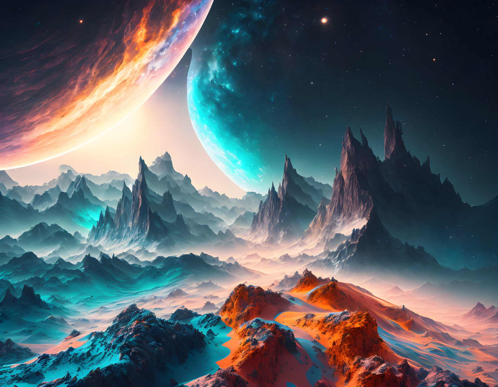 Digital Art: Extraterrestrial Landscape with Mountains and Planet